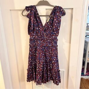 Ulla Johnson Burgundy and Blue Floral Dress tie shoulder smocked waist size 2